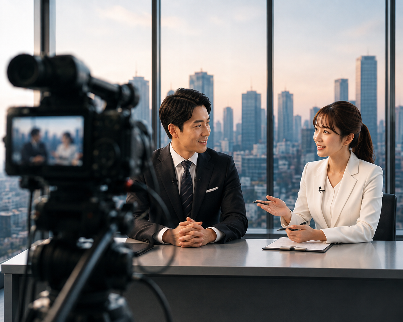 企業への取材対応を行うアナウンサー