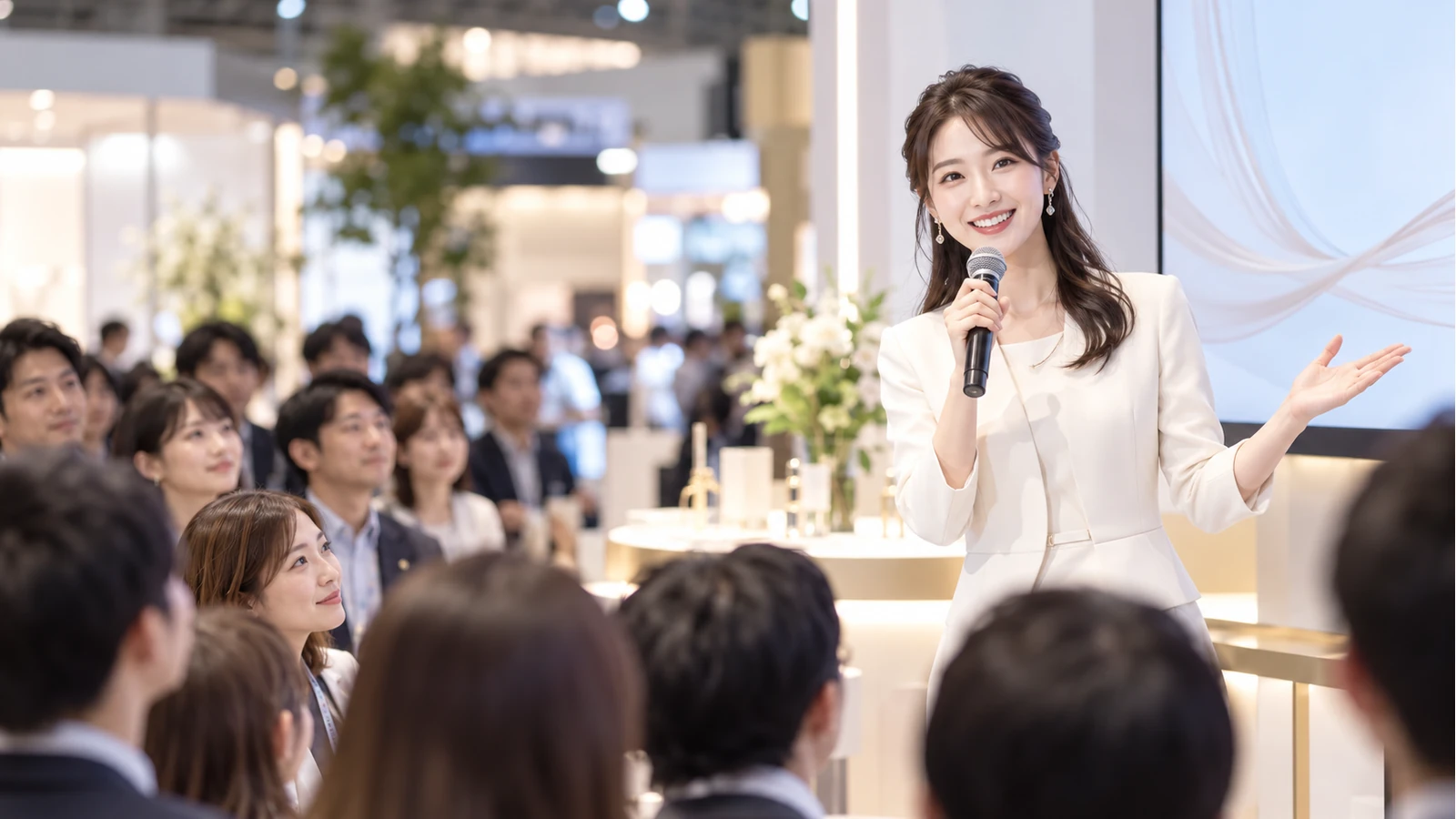 展示会で来場者にプレゼンテーションを行う様子