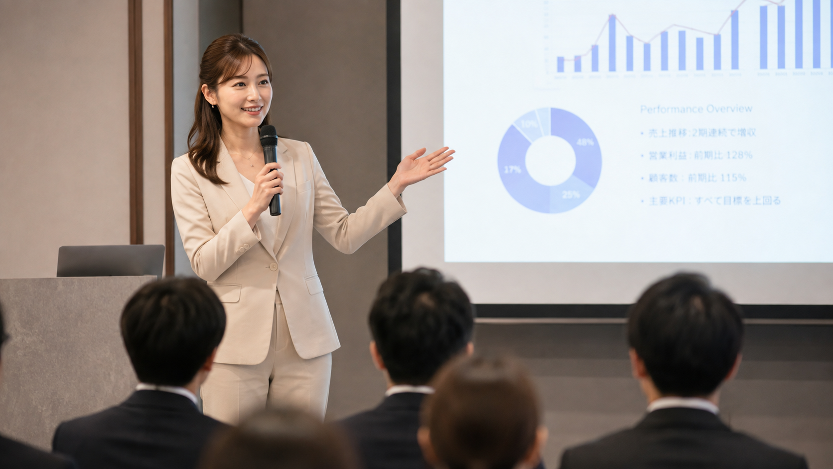 企業のプレゼンテーションを代行するアナウンサー