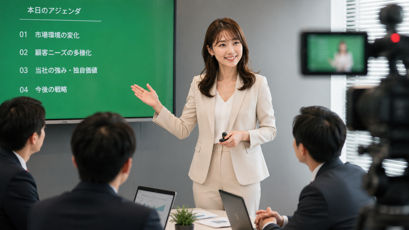 会議室で社員向けレクチャーを行うアナウンサー